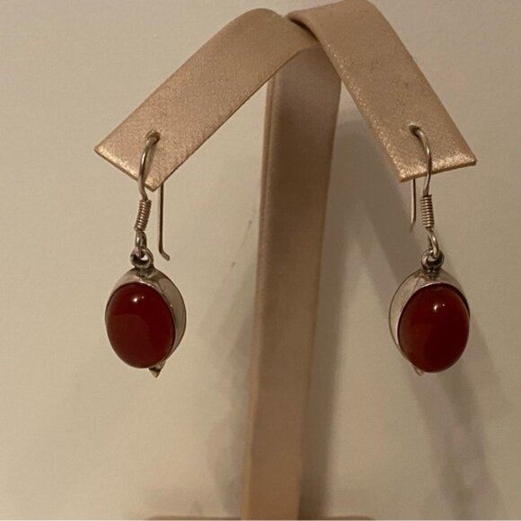 EARRINGS STERLING SILVER 925 CARNELIAN OVAL RED STONE FRENCH WIRES DROP PIERCED - Picture 2 of 7